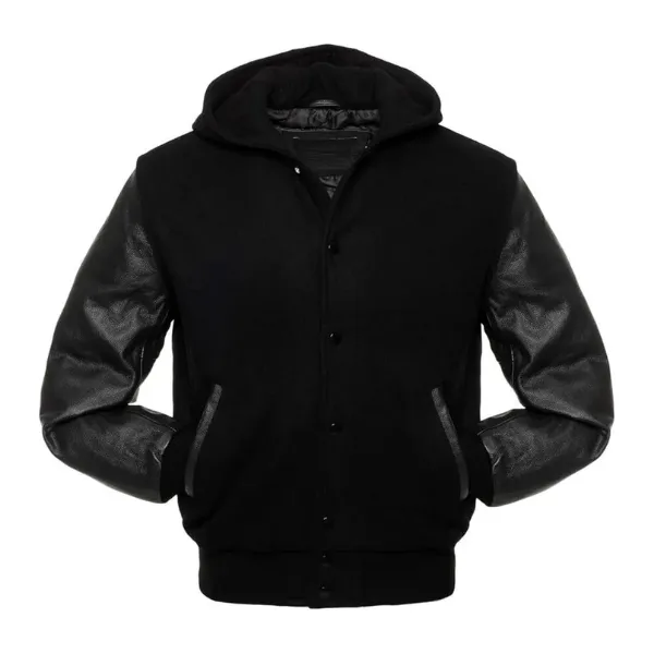 Black Varsity Jacket With Hood Front