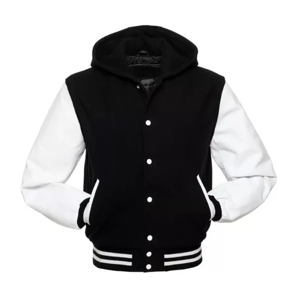 Black and White Varsity Jacket With Hood Front