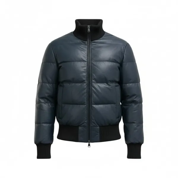 mens-dark-blue-leather-puffer-jacket