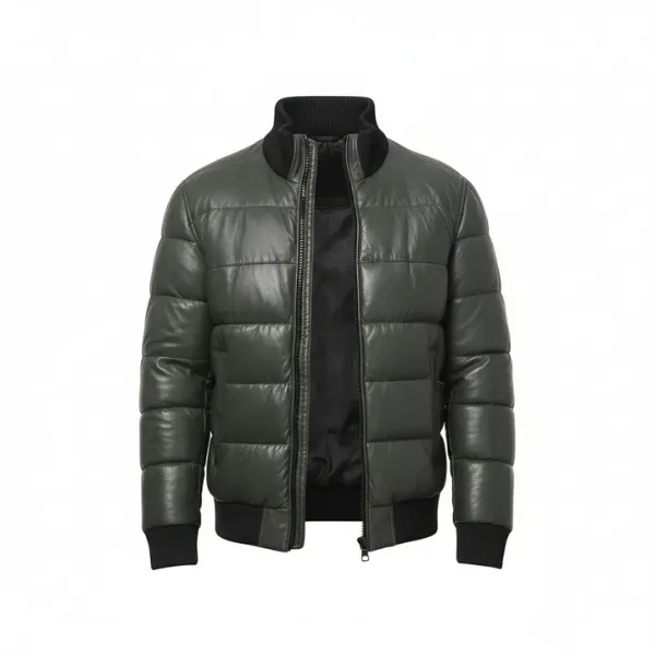 mens-dark-green-bomber-leather-puffer-jacket