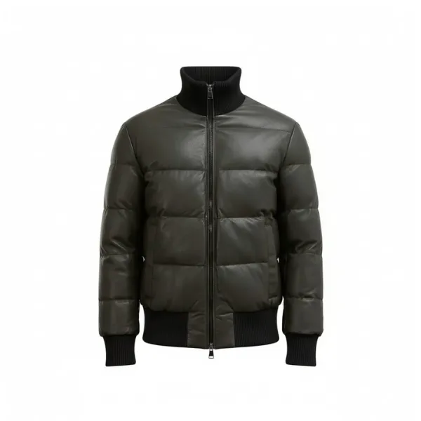 mens-olive-green-bomber-leather-puffer-jacket