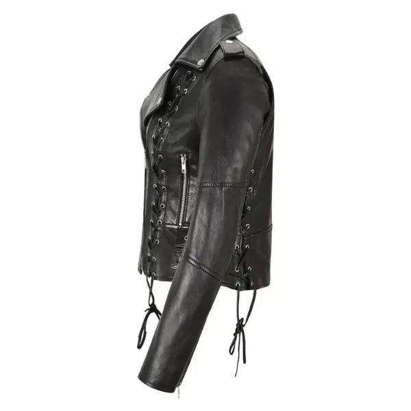 Women Black Leather Biker Jacket with Side Lacing Left