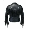 Women Black Leather Long Fringe Jacket Back