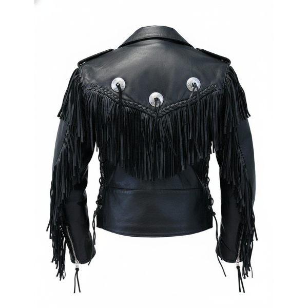 Women Black Leather Long Fringe Jacket Back