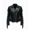 Women Black Leather Long Fringe Jacket Front