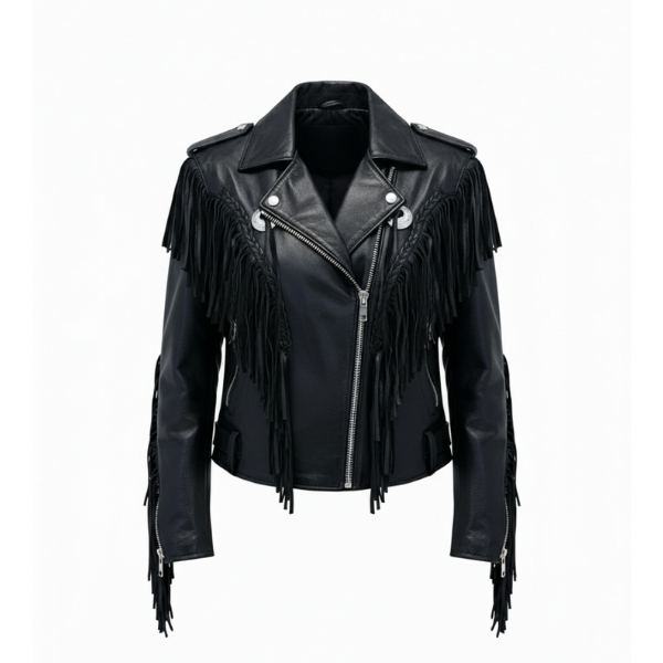 Women Black Leather Long Fringe Jacket Front