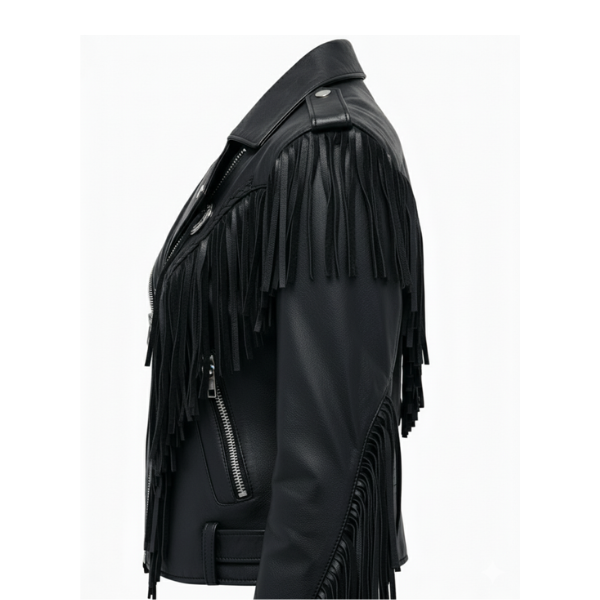 Women Black Leather Long Fringe Jacket Left