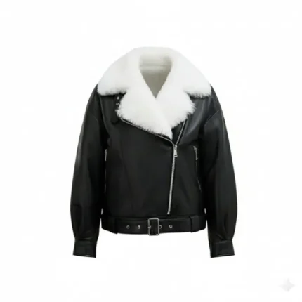 Black Leather Jacket With White Faux Fur Front