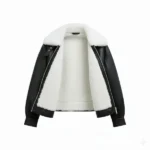 Black Leather Jacket With White Faux Fur Front Open