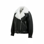 Black Leather Jacket With White Faux Fur Left