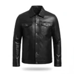 Men Black Leather Trucker Jacket Front