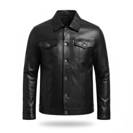 Men Black Leather Trucker Jacket Front