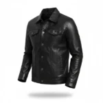 Men Black Leather Trucker Jacket Left