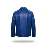 Men Blue Leather Trucker Jacket Back