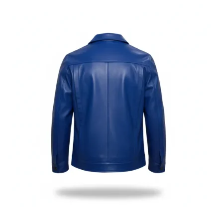 Men Blue Leather Trucker Jacket Back