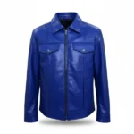 Men Blue Leather Trucker Jacket Front