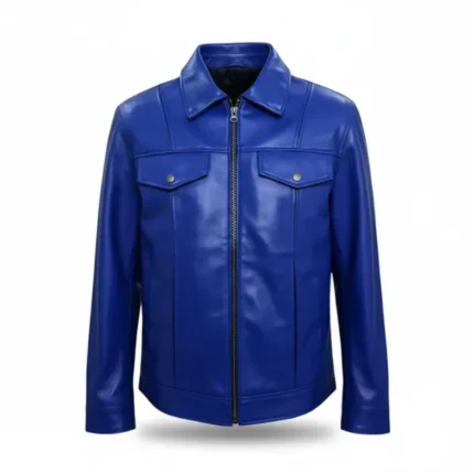 Men Blue Leather Trucker Jacket Front