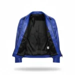 Men Blue Leather Trucker Jacket Front Open