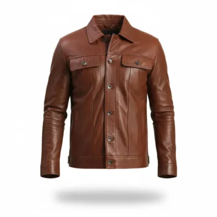 Men Brown Leather Trucker Jacket Front