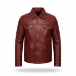 Men Maroon Leather Trucker Jacket Front