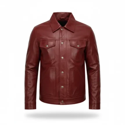 Men Maroon Leather Trucker Jacket Front