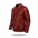 Men Maroon Leather Trucker Jacket Left