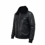 Mens Black Bomber Jacket with Fur Collar Left