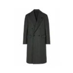 Mens Black Herringbone Double Breasted Wool Coat Front