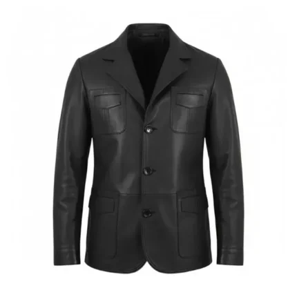 Mens Black Lambskin Leather Blazer Front
