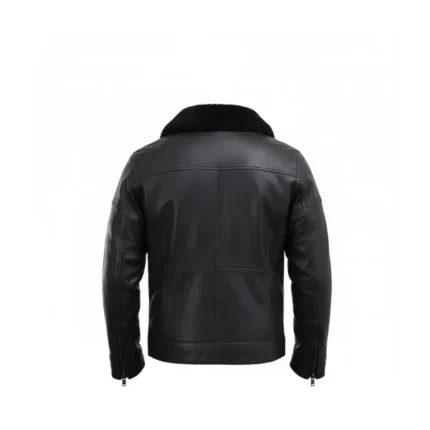 Mens Black Leather Biker Jacket with Fur Collar Back