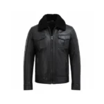 Mens Black Leather Biker Jacket with Fur Collar Front