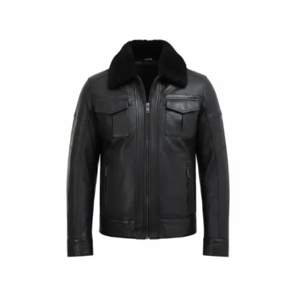 Mens Black Leather Biker Jacket with Fur Collar Front