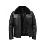 Mens Black Leather Biker Jacket with Fur Collar Front Open