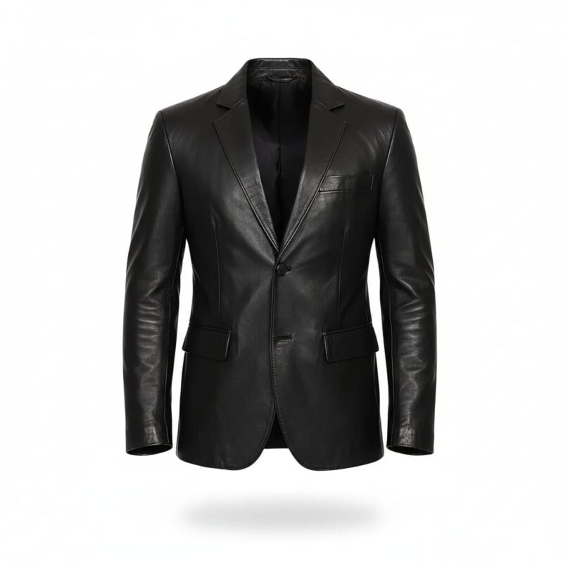 Mens Black Leather Blazer Jacket Front