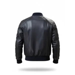 Mens Black Leather Bomber Jacket Back