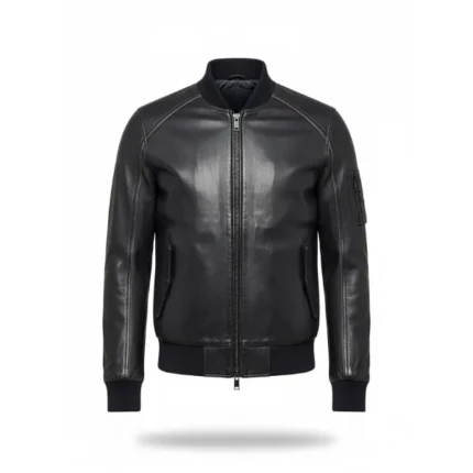 Mens Black Leather Bomber Jacket Front