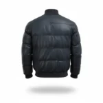 Mens Black Leather Bomber Puffer Jacket - Image 2