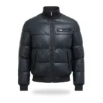 Mens Black Leather Bomber Puffer Jacket