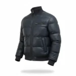 Mens Black Leather Bomber Puffer Jacket - Image 3