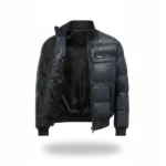 Mens Black Leather Bomber Puffer Jacket - Image 4