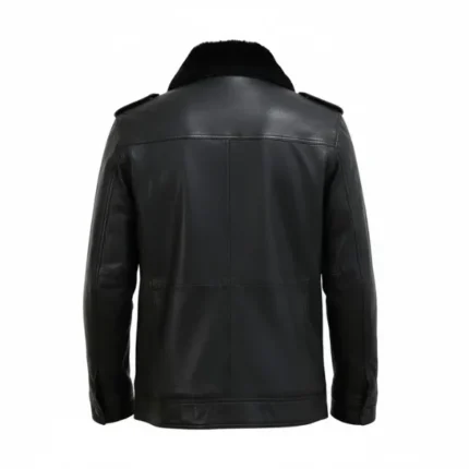 Mens Black Leather Jacket with Fur Collar Back