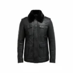 Mens Black Leather Jacket with Fur Collar Front