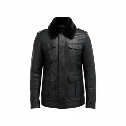 Mens Black Leather Jacket with Fur Collar Front