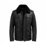 Mens Black Leather Jacket with Fur Collar Front Open