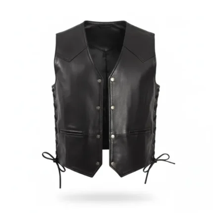 Mens Black Leather V Neck Vests Front