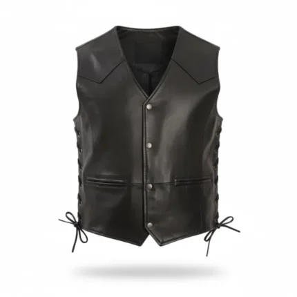 Mens Black Leather V Neck Vests Front Close