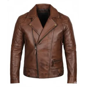 Mens Brown Quilted Biker Leather Jacket Front