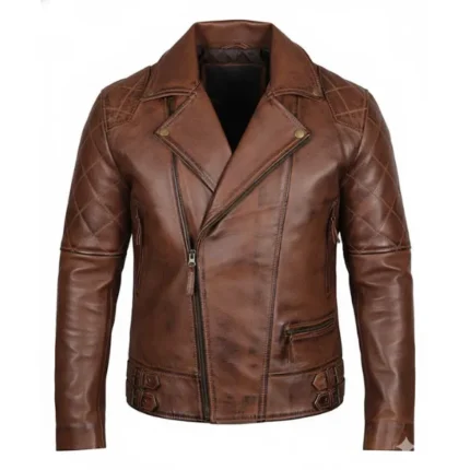 Mens Brown Quilted Biker Leather Jacket Front
