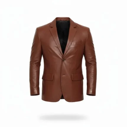Mens Cognac Leather Blazer Front