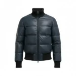 Mens Dark Blue Leather Puffer Jacket